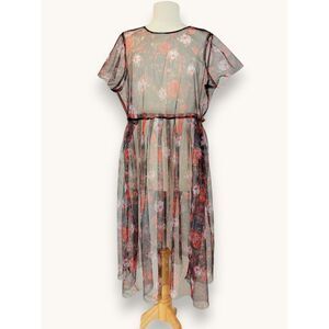 Sheer Floral Mesh Overlay Dress Black Red Roses Romantic Midi